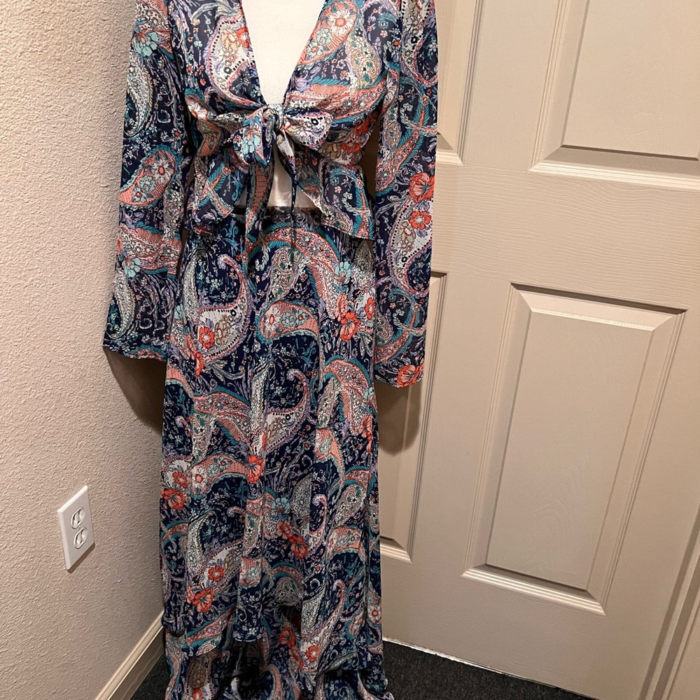 Aqua floral paisley wrap tie crop top with skirt two piece set